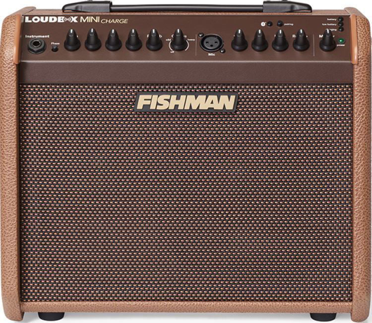 Fishman Loudbox Mini Charge acoustic guitar amplifier with built-in speaker and controls, suitable for live performances.
