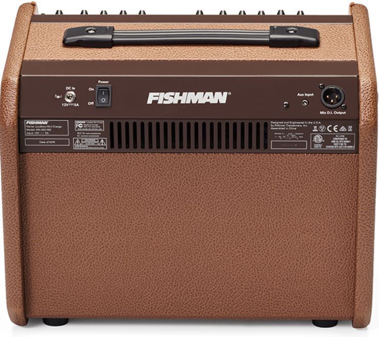 Fishman Loudbox Mini Charge acoustic guitar amplifier with built-in charging port and control knobs, designed for live performances.