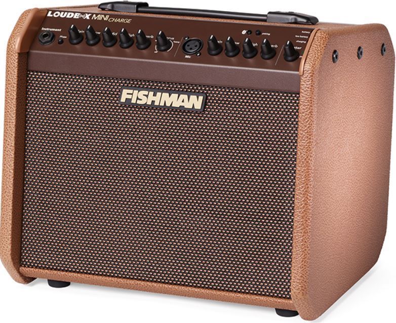 Fishman Loudbox Mini Charge acoustic guitar amplifier with built-in speaker and controls, designed for musicians on the go.