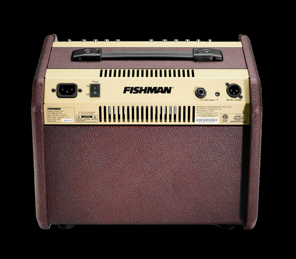 Fishman Loudbox Mini Bluetooth acoustic guitar amplifier with control knobs and speaker grill, compact and portable design.