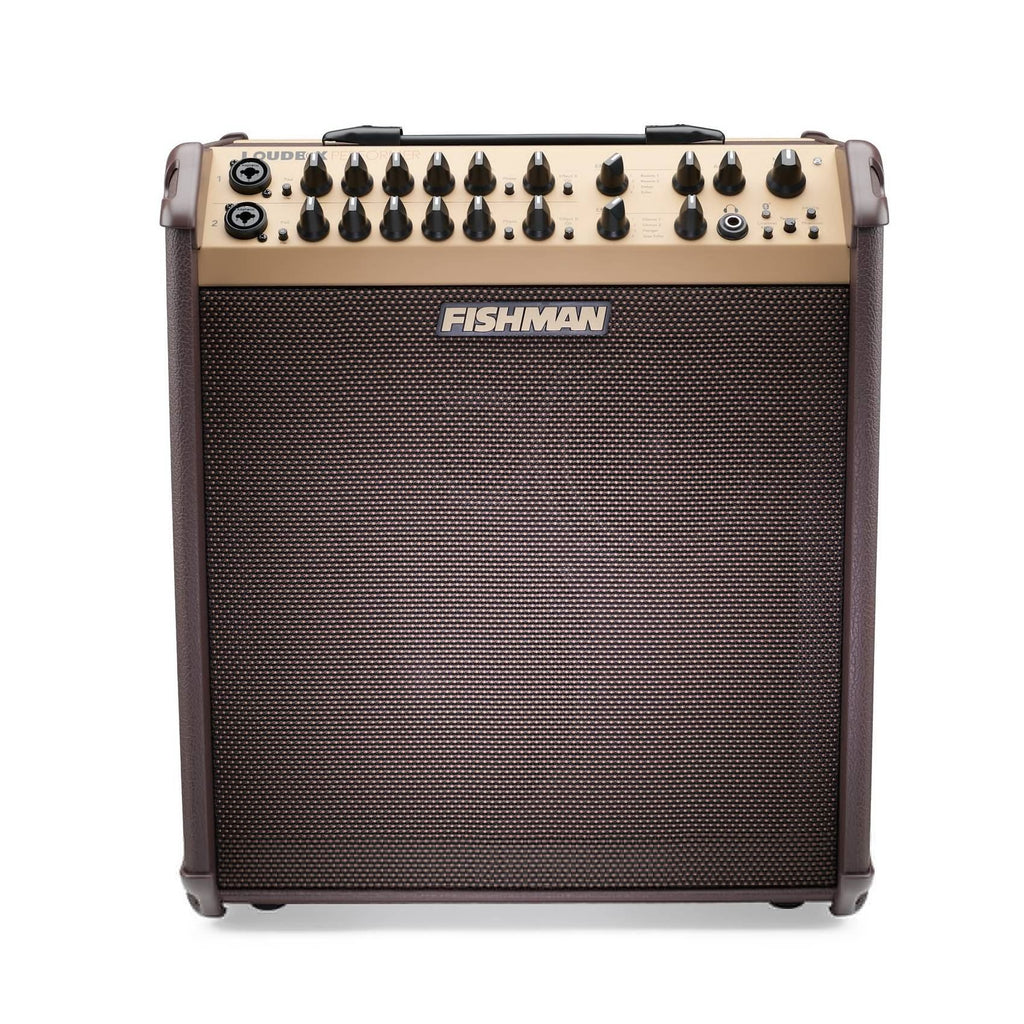 Fishman Loudbox Performer acoustic amplifier with Bluetooth connectivity, featuring controls and input jacks for musical instruments and microphones.