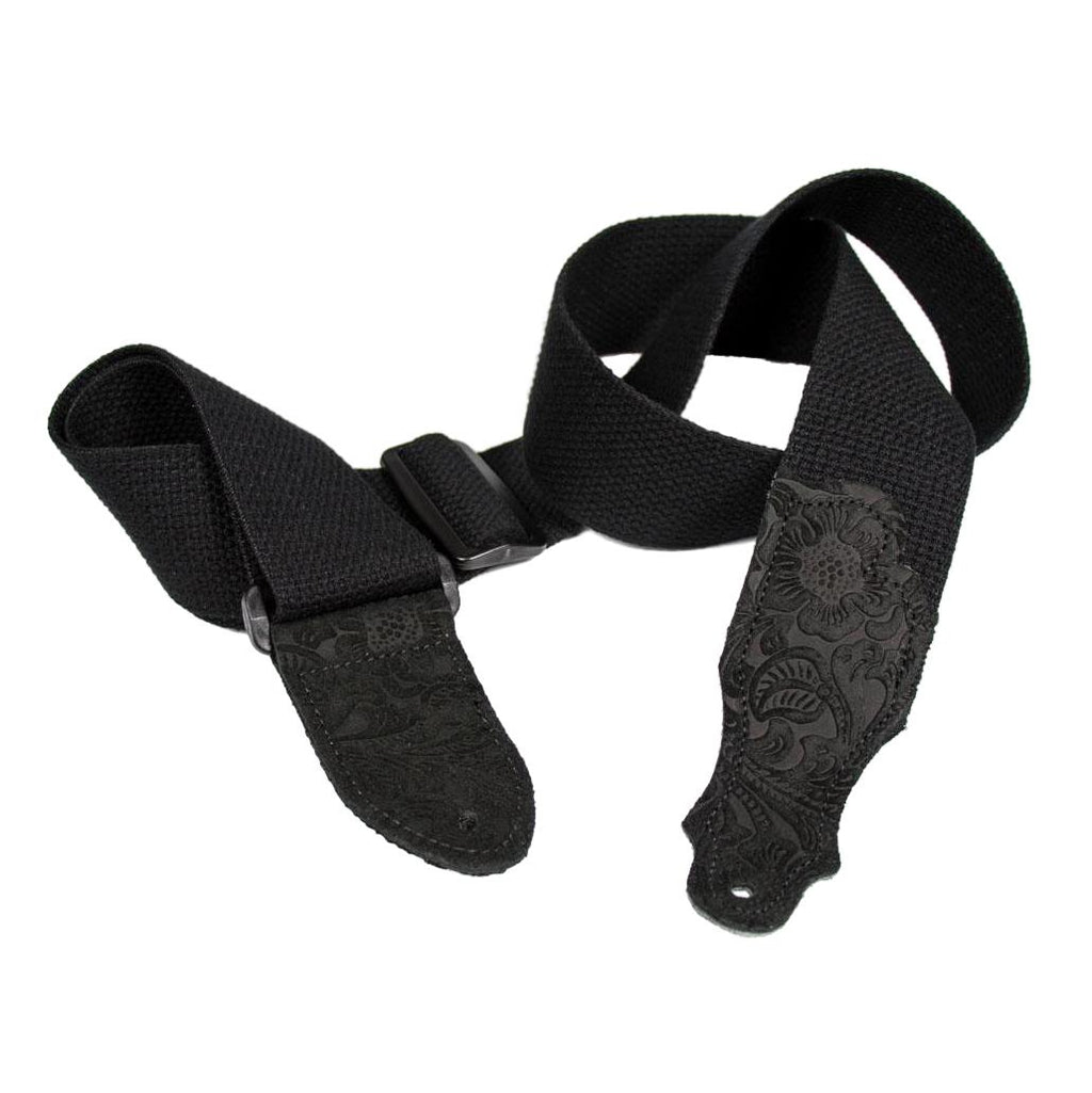 Franklin 2 Inch Black Cotton with Black Embossed Suede End Tab Guitar Strap