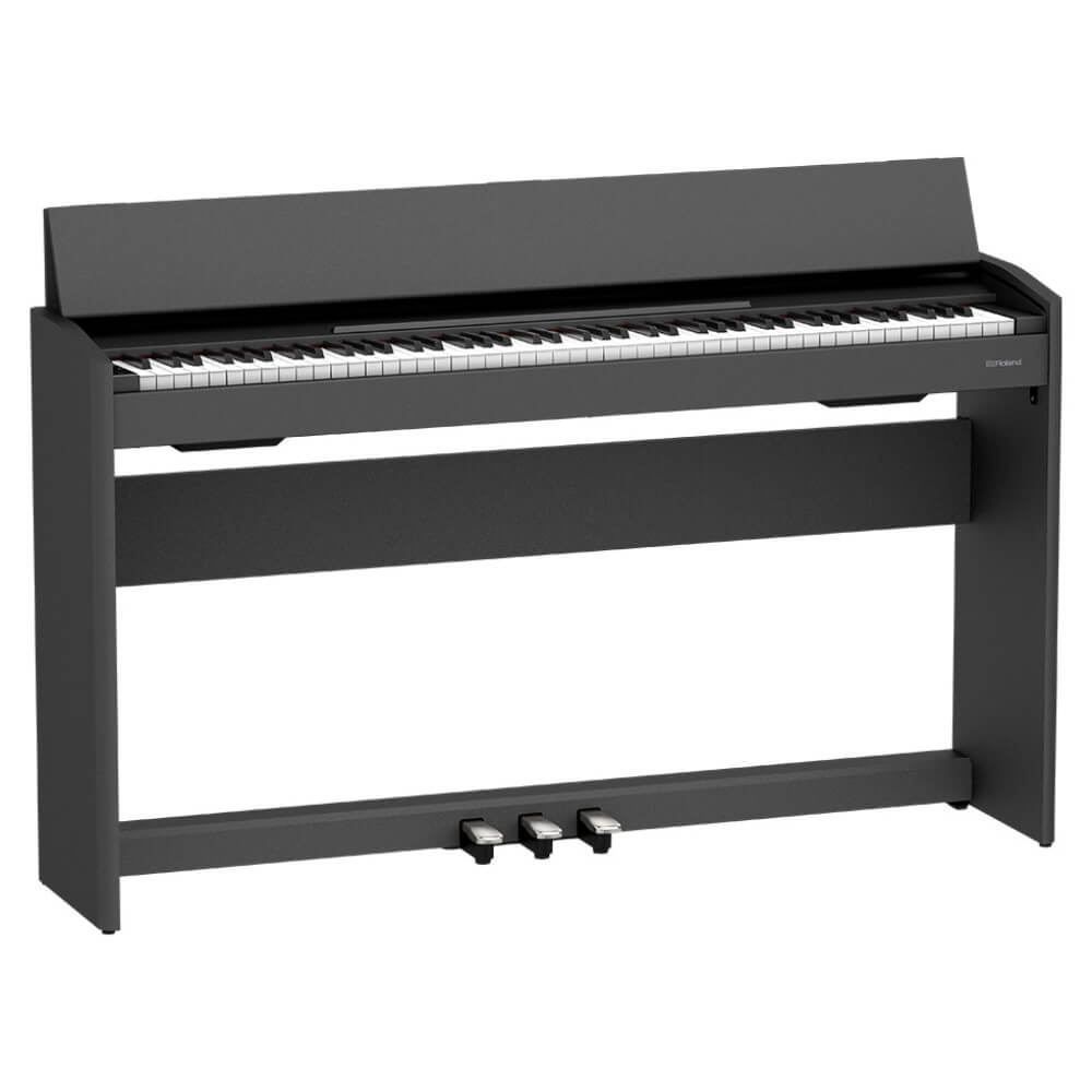 Roland F107BK digital piano with sleek black finish, full-sized keys, and built-in speakers for home music practice.