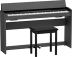 Black Roland F107 digital piano with 88 keys and sleek design, showcasing its modern keyboard and control panel.