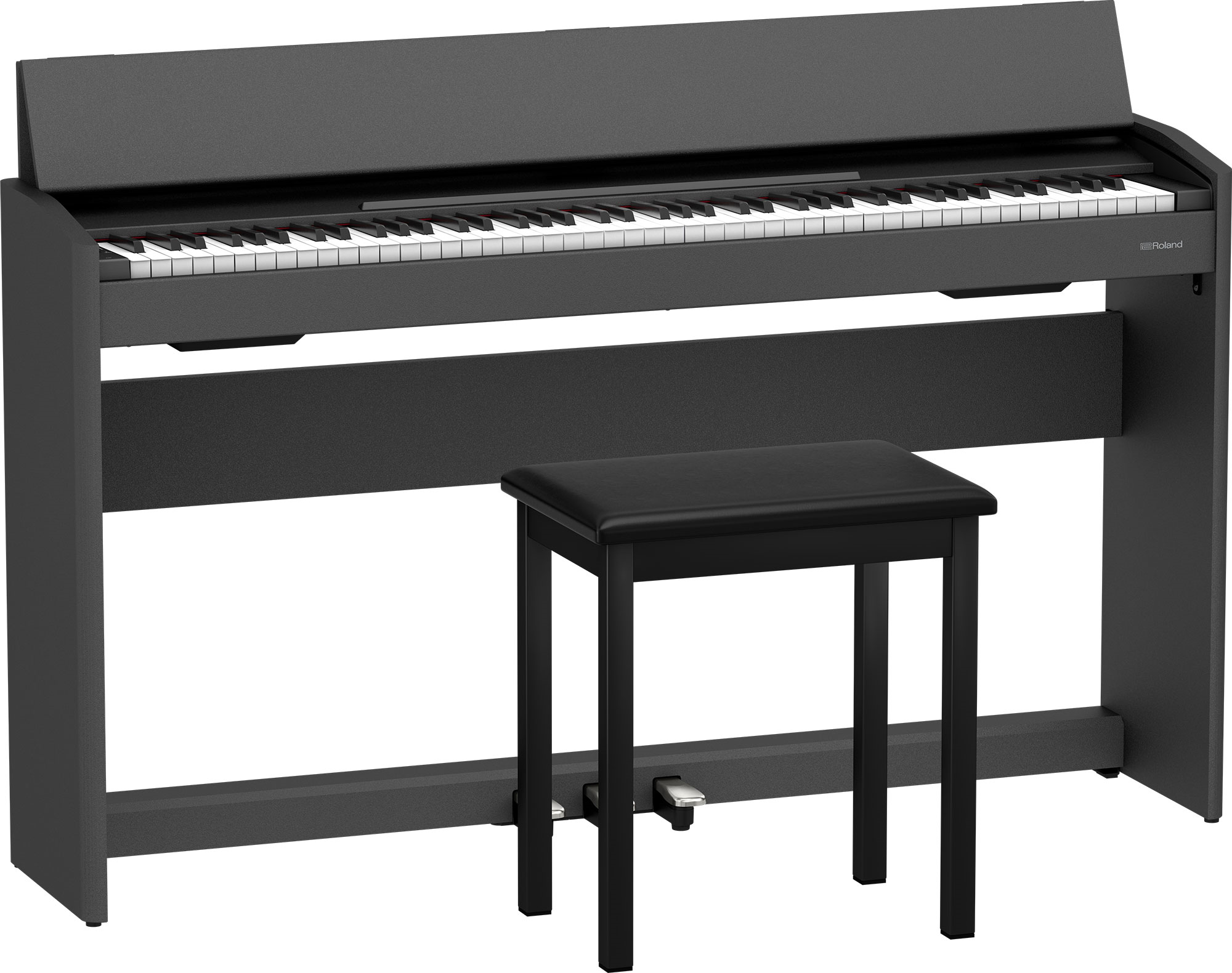 Black Roland F107 digital piano with 88 keys and sleek design, showcasing its modern keyboard and control panel.
