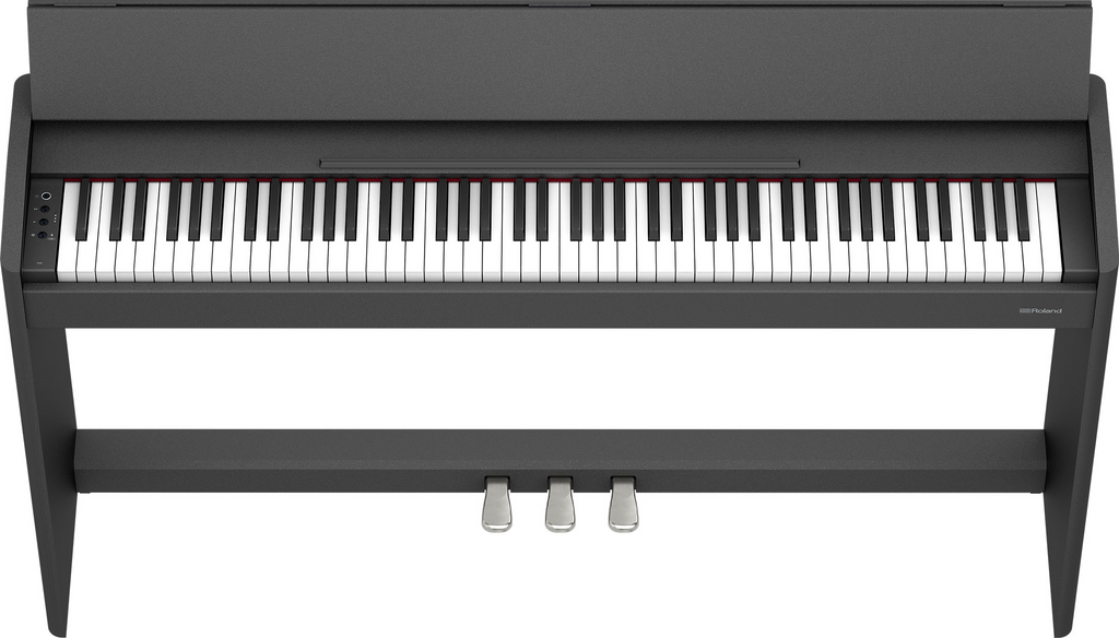 Black Roland F107 digital piano with compact design, standard keys, and control panel visible in the image.