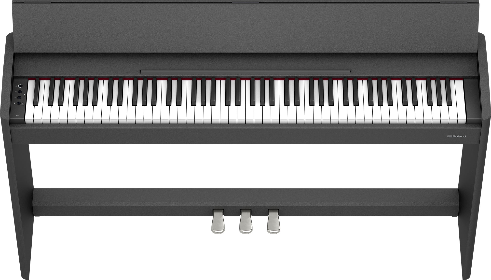 Black Roland F107 digital piano with compact design, standard keys, and control panel visible in the image.