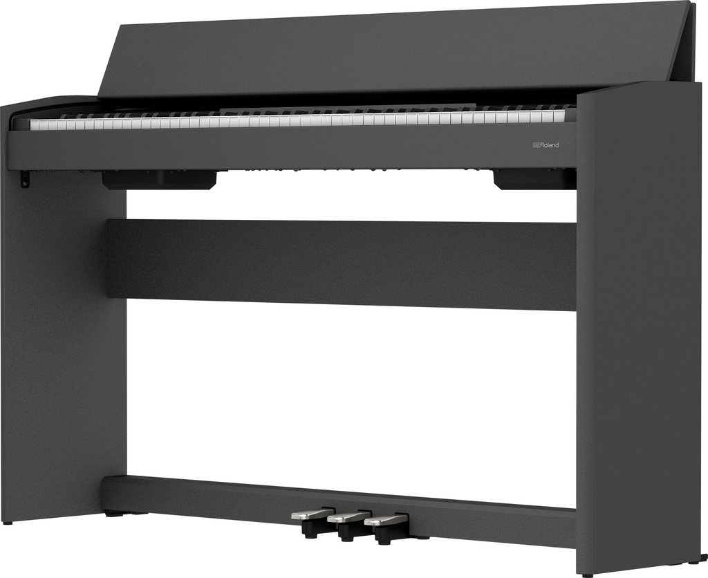 Black Roland F107 digital piano with sleek design and full-sized keys, ideal for beginners and experienced players.
