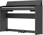 Black Roland F107 digital piano with sleek design and full-sized keys, ideal for beginners and experienced players.