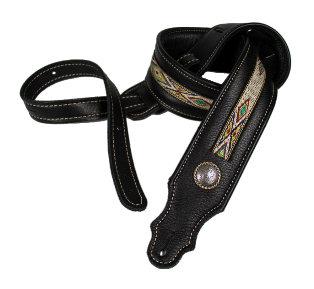 Franklin 2 Inch Padded Black Leather with Natural Hitch Weave Concho Guitar Strap