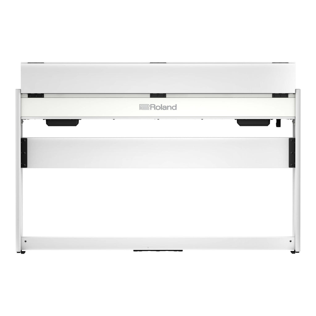 Roland F-701 digital piano in white with black keys, sleek modern design, and control panel visible on the top.