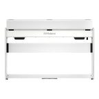 Roland F-701 digital piano in white with black keys, sleek modern design, and control panel visible on the top.