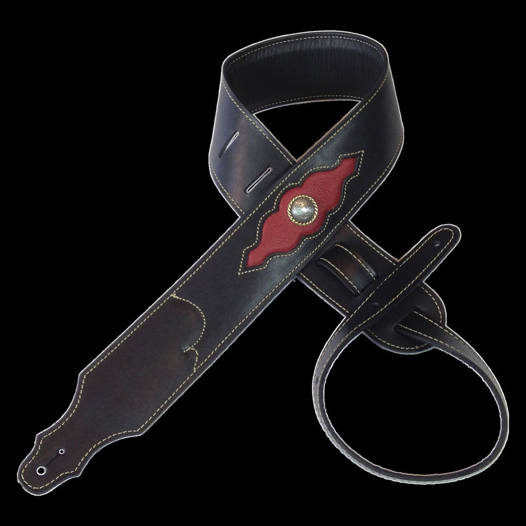 Franklin 2.5 Inch Padded Black Leather with Red Insert Concho Guitar Strap