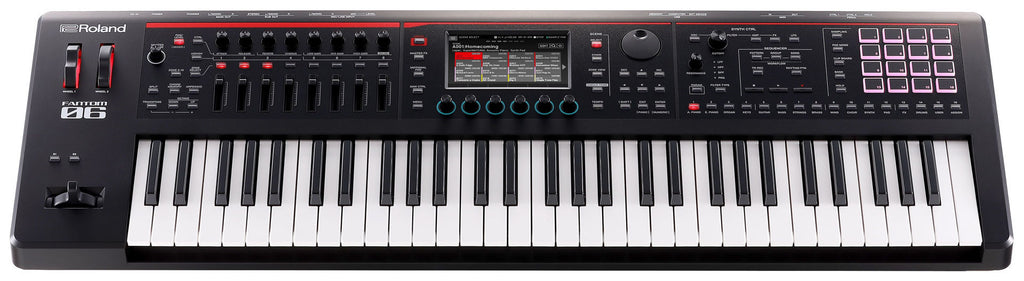 Roland FANTOM-06 workstation synthesizer with a sleek black design, multiple control knobs, and a digital display screen.