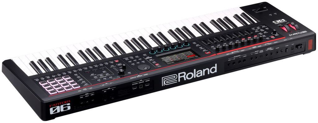 Roland FANTOM-06 workstation synthesizer with keyboard and control panel, featuring various knobs and buttons for music production.