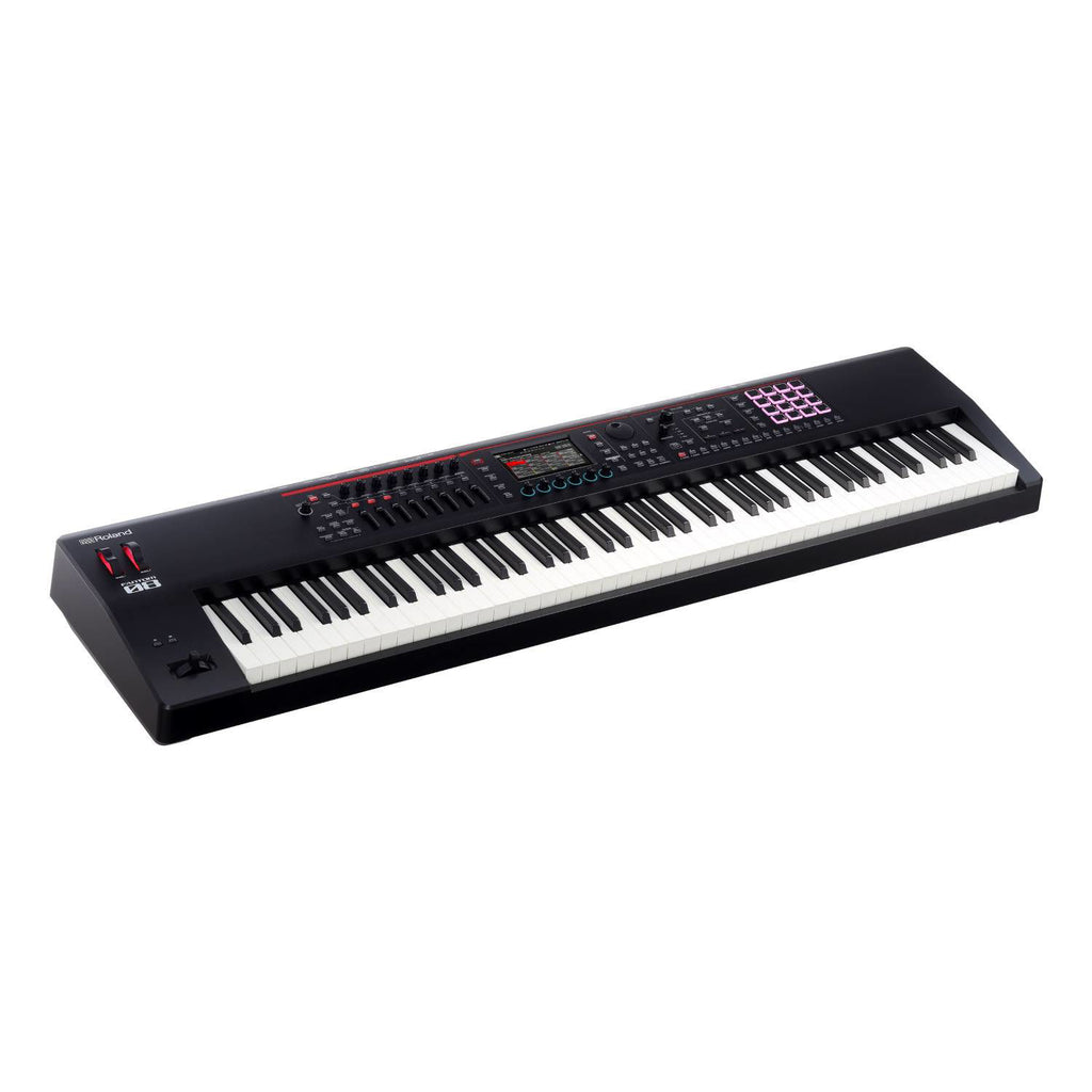 Roland FANTOM-08 workstation synthesizer with 88 keys and digital control panel, showcasing its sleek design and professional features.