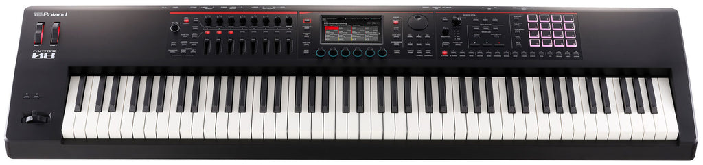 Roland FANTOM-08 workstation synthesizer with a sleek black design and control knobs on top, ready for music production.