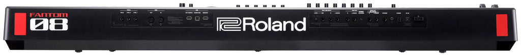 Roland FANTOM-08 workstation synthesizer with keyboard, piano-style keys, and control panel showing various knobs and buttons.