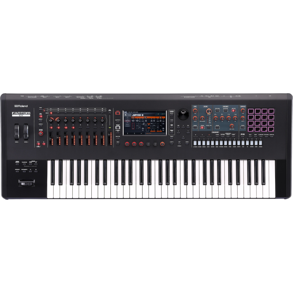 Roland FANTOM 6 EX 61-key synthesizer keyboard workstation with sleek design and illuminated control panel.