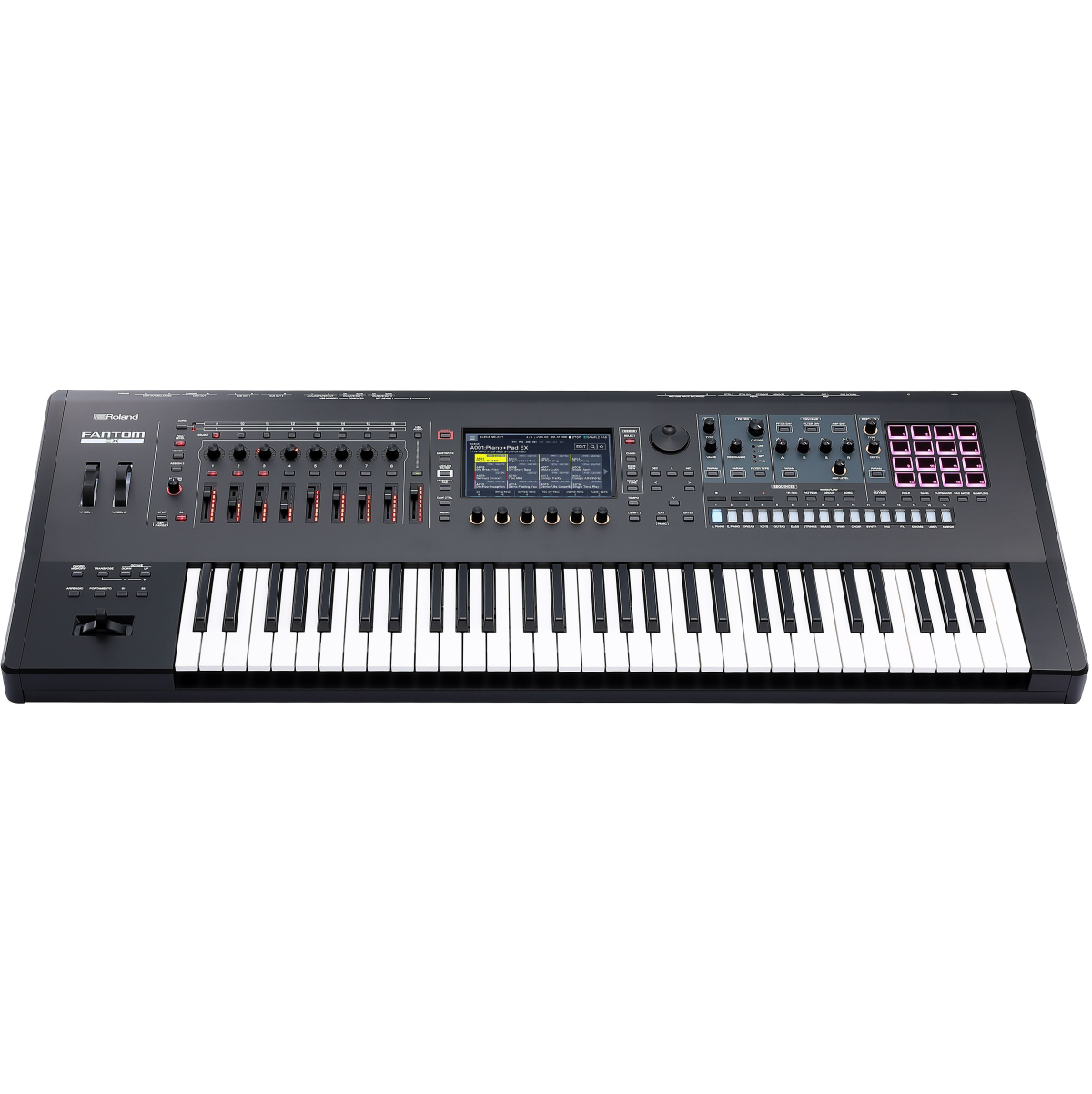 Roland FANTOM 6 EX 61-key synthesizer workstation with sleek design and dynamic control features.