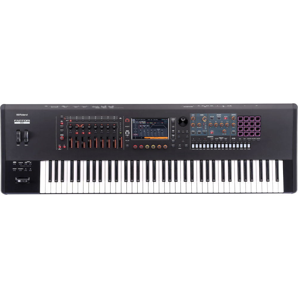 Roland FANTOM 7 EX 76-key synthesizer workstation keyboard with control knobs and display screen, positioned on a music stand.
