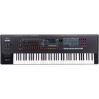 Roland FANTOM 7 EX 76-key synthesizer workstation keyboard with control knobs and display screen, positioned on a music stand.