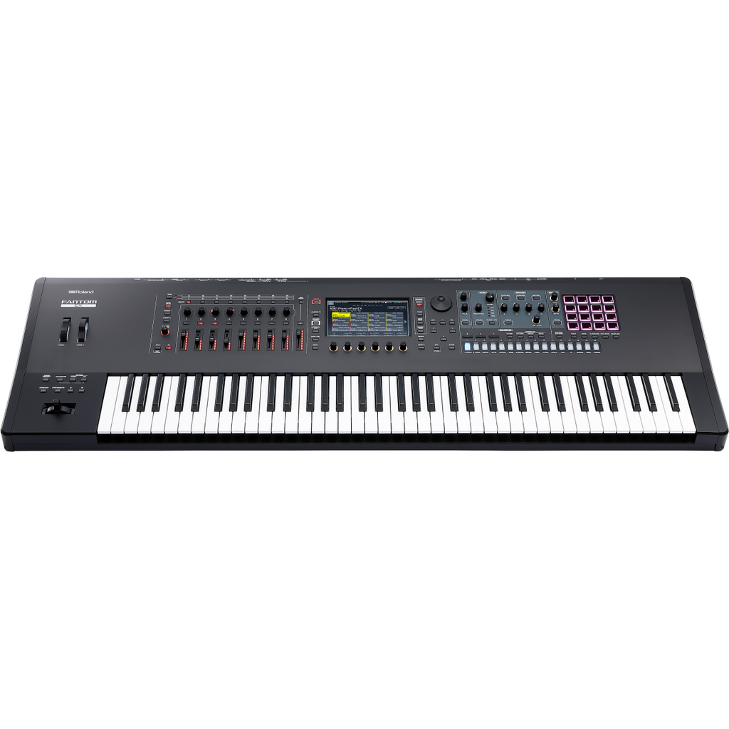 Roland FANTOM 7 EX 76-key workstation synthesizer keyboard with control knobs and digital display, front view image.