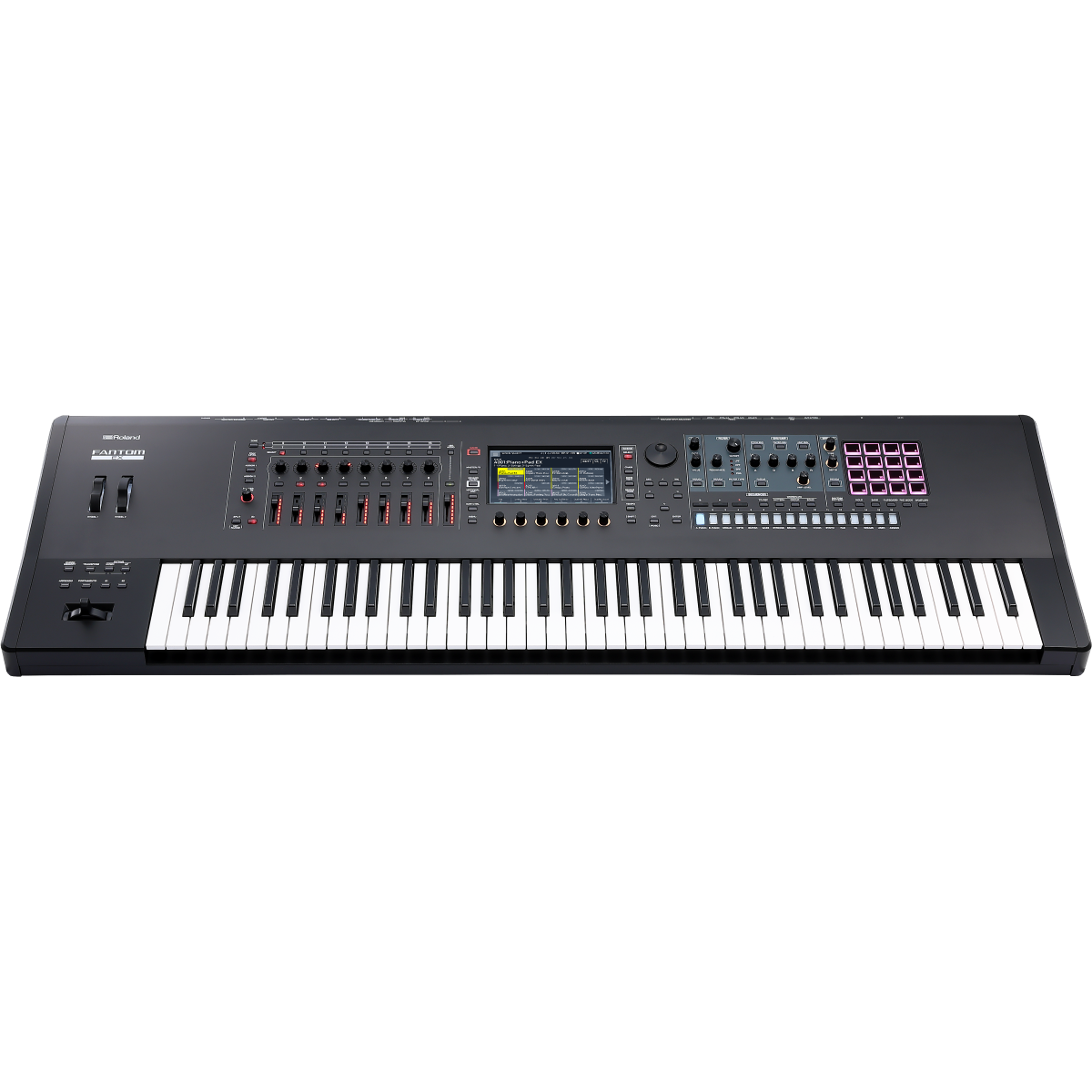 Roland FANTOM 7 EX 76-key workstation synthesizer keyboard with control knobs and digital display, front view image.