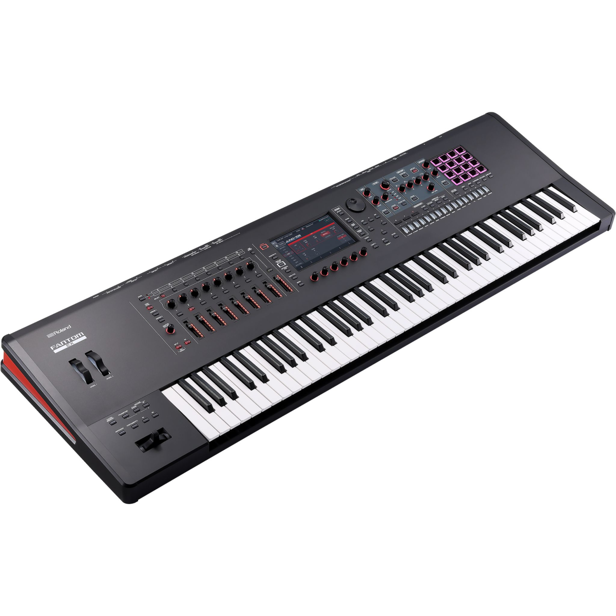 Roland FANTOM 7 EX 76-key synthesizer workstation keyboard with various control knobs and display screen.