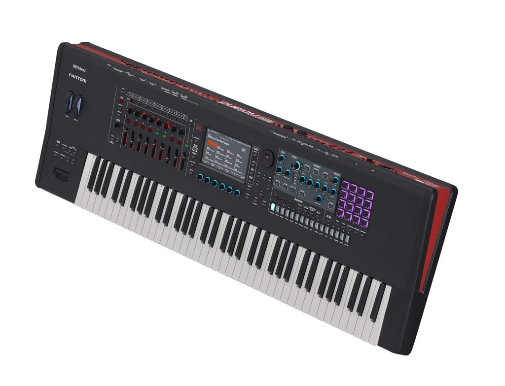 Roland FANTOM-7 synthesizer workstation with 76 semi-weighted keys and aftertouch, featuring a sleek black design and control interface.