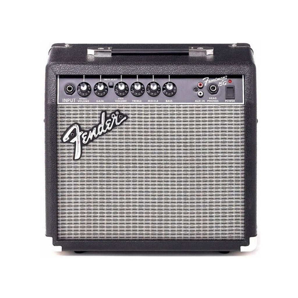 Fender Frontman 15G 15W guitar combo amplifier with control knobs and compact design, ideal for practice and small gigs.