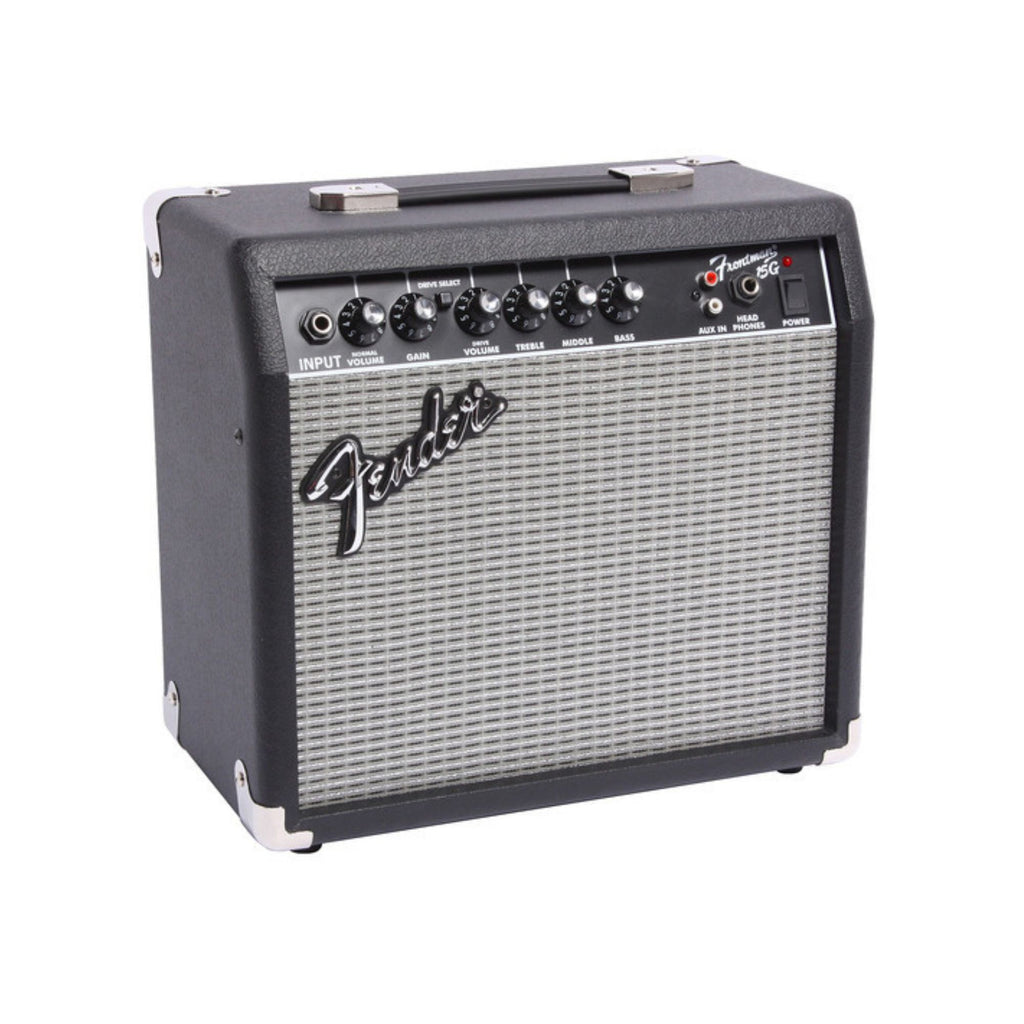 Fender Frontman 15G 15-watt guitar combo amplifier with control knobs and speaker grille, black finish.