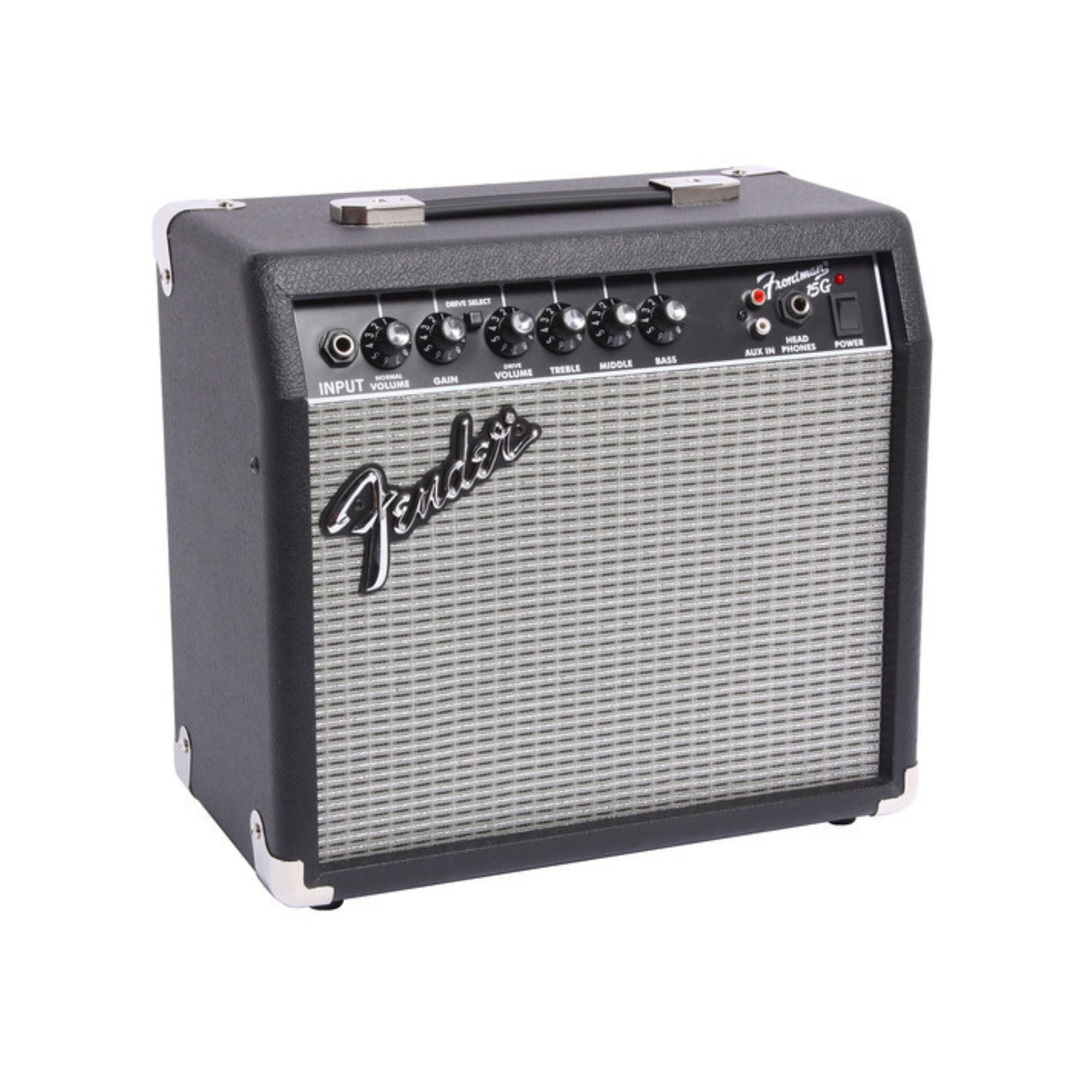 Fender Frontman 15G 15-watt guitar combo amplifier with control knobs and speaker grille, black finish.