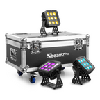 Beamz FL72 flightcase holding 8 Starcolor72 wash lights, showcasing sturdy design and organized layout for lighting accessories.
