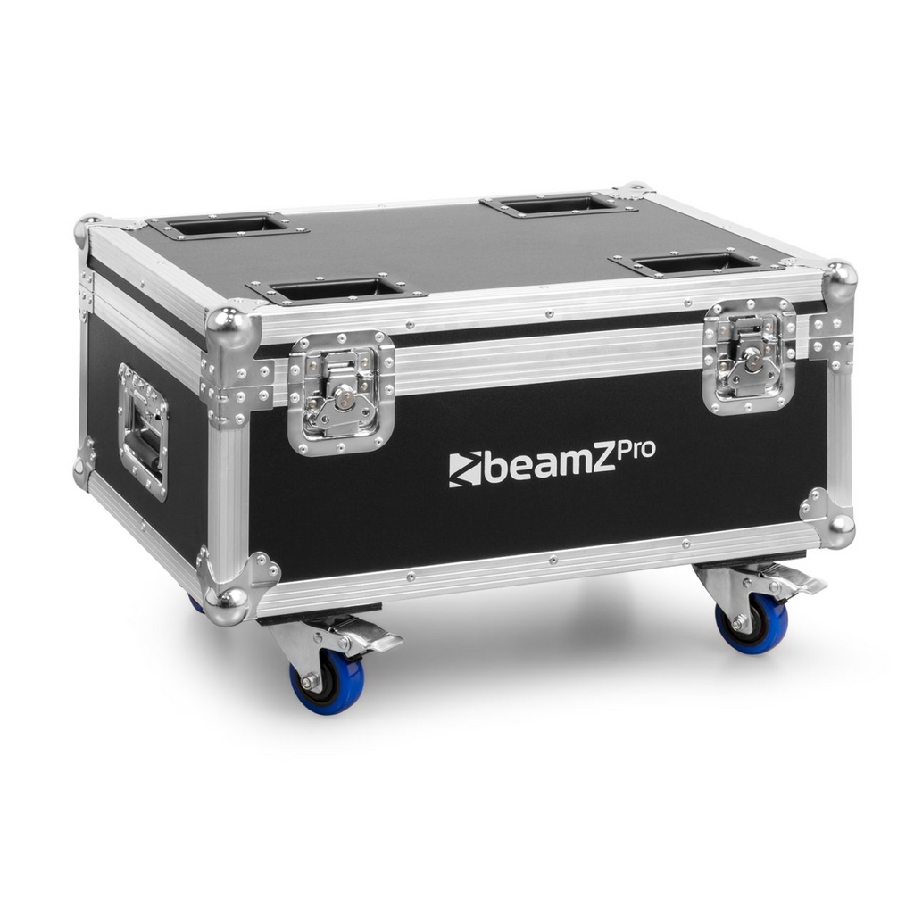 Beamz FL72 flightcase with 8 Starcolor72 wash lights arranged, showcasing durable design for lighting accessories.