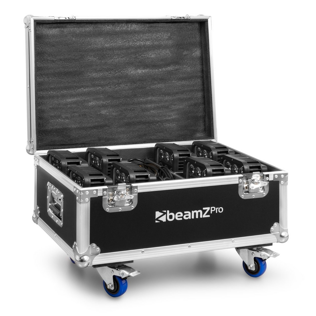 Beamz FL72 flightcase with 8 Starcolor72 wash lights arranged neatly for safe transport and storage.