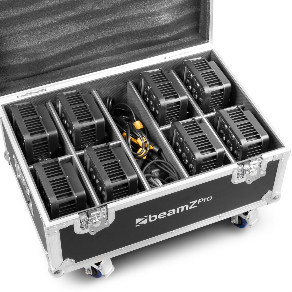 Beamz FL72 flightcase holding 8 Starcolor72 wash lights, showcasing a robust design for secure lighting transport.