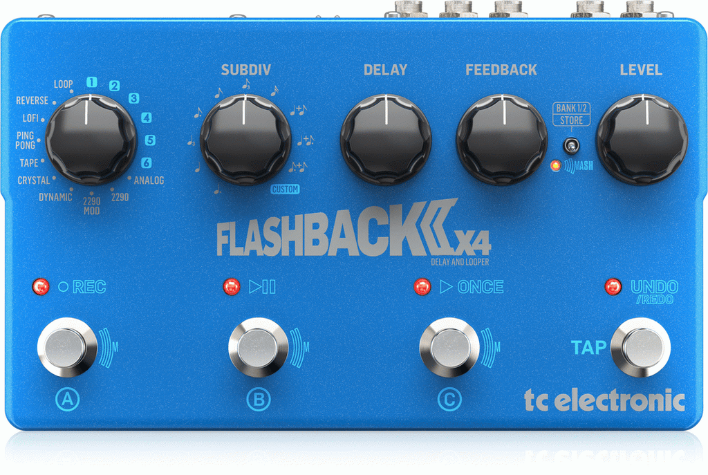 TC Electronic FlashBack2-X4 Delay Effects Pedal showing multiple delay settings and control knobs on a compact effects pedal.