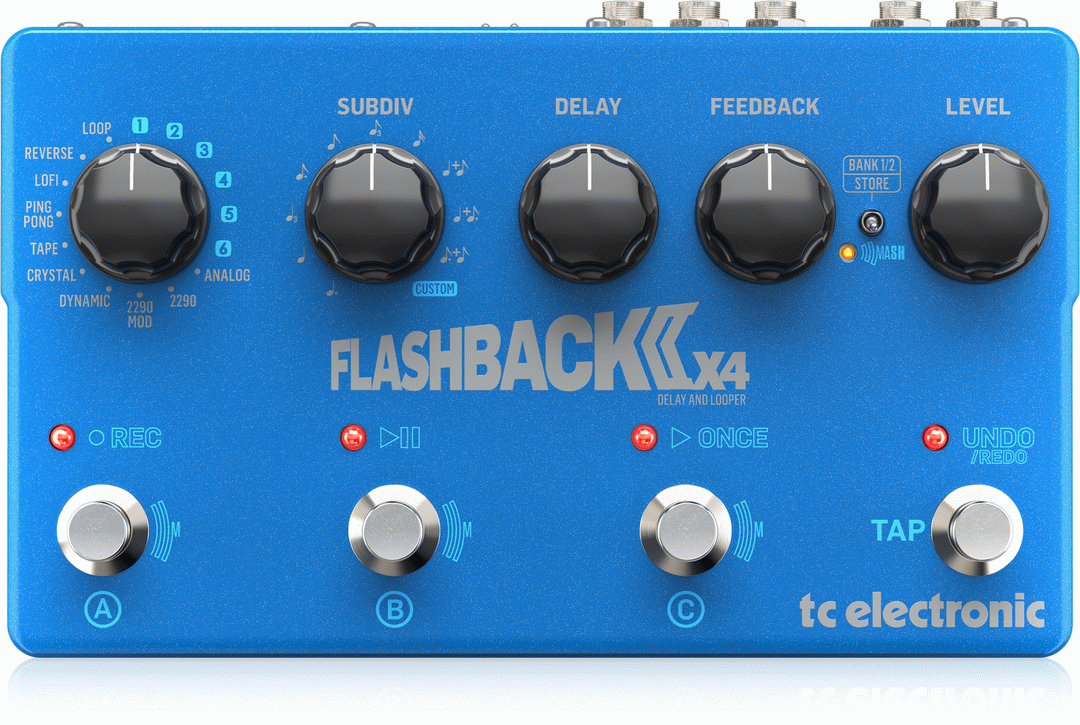 TC Electronic FlashBack2-X4 Delay Effects Pedal showing multiple delay settings and control knobs on a compact effects pedal.