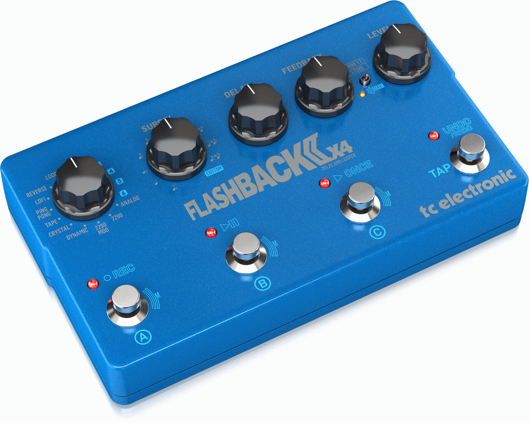 TC Electronic FlashBack 2-X4 delay effects pedal with four delay types and multiple control knobs, shown on a pedalboard.