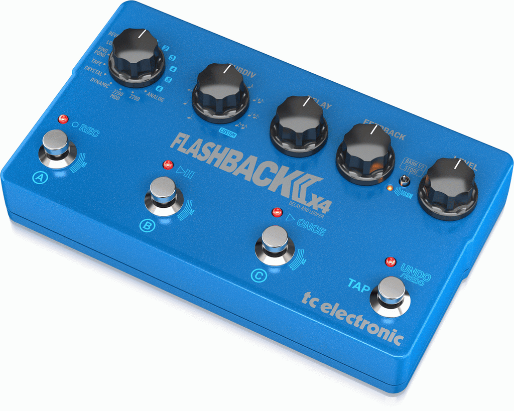 TC Electronic FlashBack 2-X4 Delay Effects Pedal with multiple delay modes and colorful LED display, designed for guitar effects.