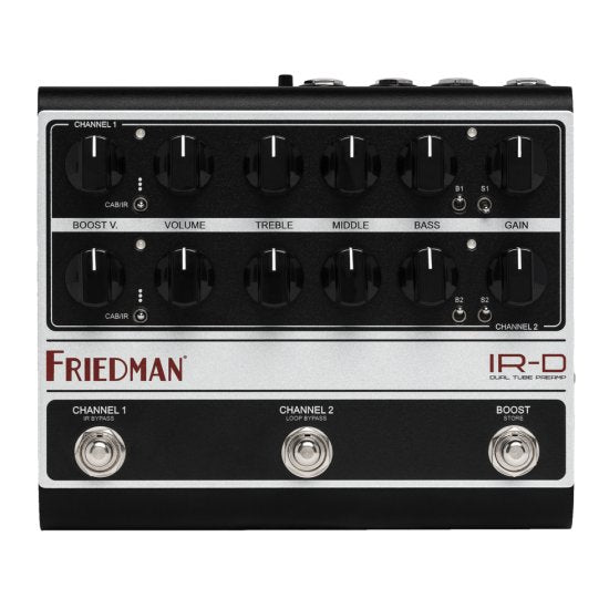 Friedman IR-D 2-channel tube preamp and IR pedal effects pedal with controls, shown in a close-up image.