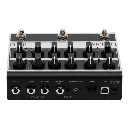 Friedman IR-D 2-Channel Tube Preamp and IR Pedal effects pedal with dual channels and control knobs, black finish.