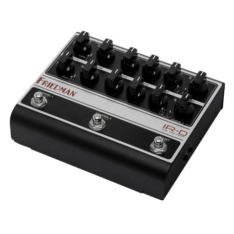 Friedman IR-D 2-channel tube preamp and IR effects pedal with control knobs and input/output jacks in a compact effects pedal design.