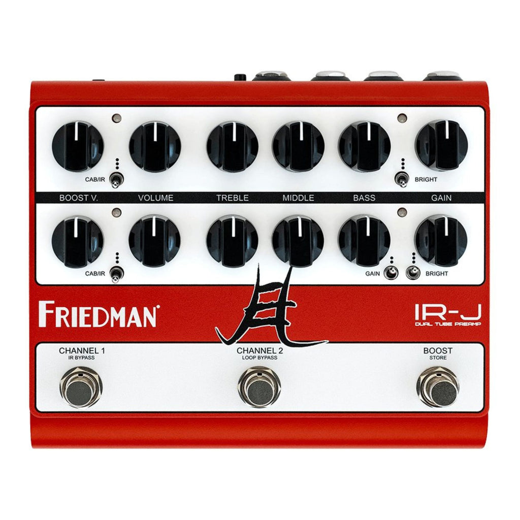 Friedman IR-J Jake E Lee Signature Tube Preamp and IR Effects Pedal, featuring controls and input/output jacks on a black pedal.