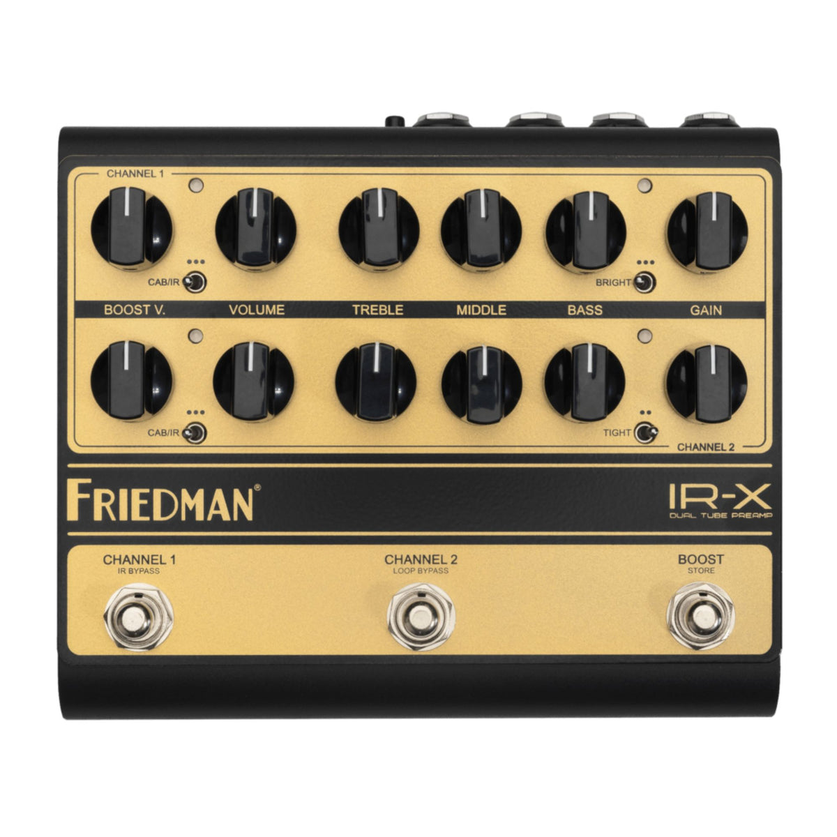 Friedman IR-X 2-channel tube preamp and IR pedal effects pedal with control knobs and input/output jacks in a close-up view.