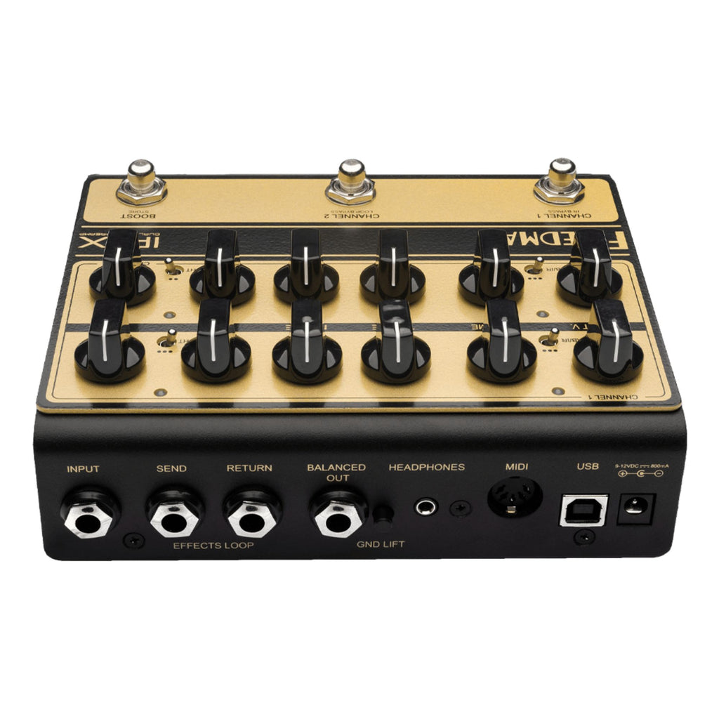 Friedman IR-X 2-channel tube preamp and IR effects pedal with controls and input/output jacks on a pedalboard