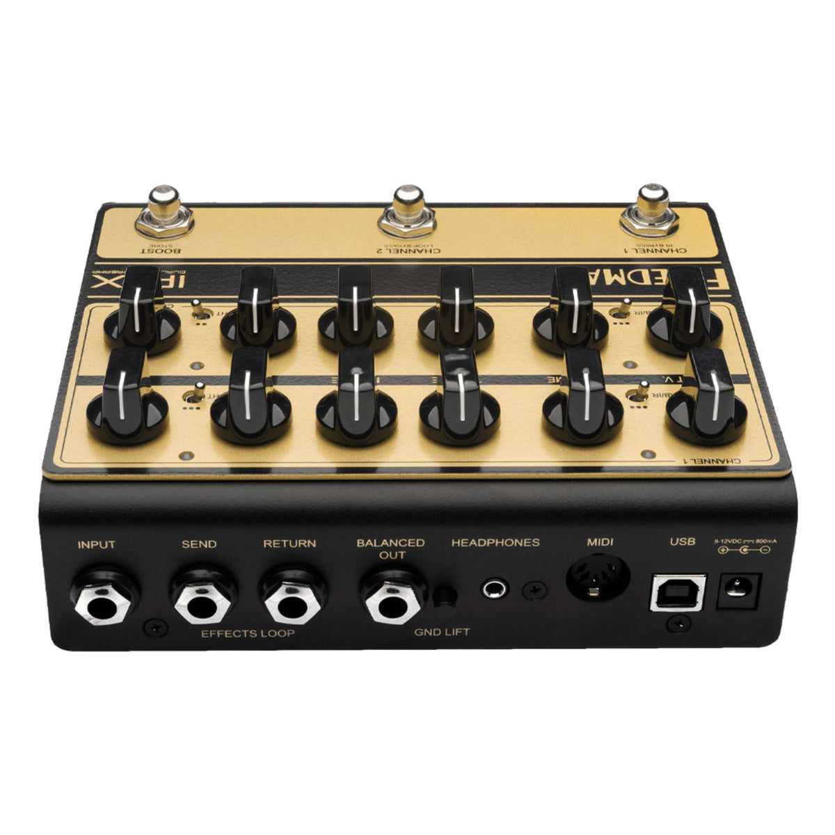 Friedman IR-X 2-channel tube preamp and IR effects pedal with controls and input/output jacks on a pedalboard