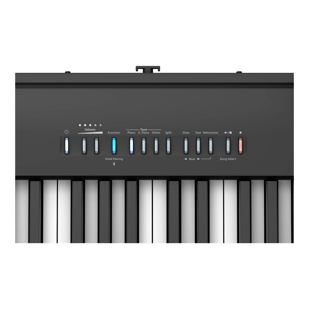 Roland FP-30X 88-key digital piano in black, showing the portable digital piano with control panel and keys visible.