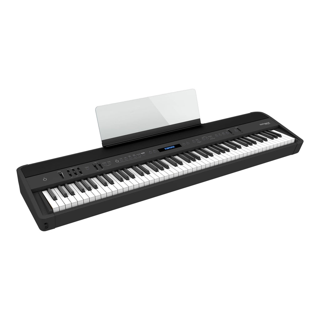 Roland FP-90X portable digital piano in black, showing the sleek keyboard and control panel on a white background.